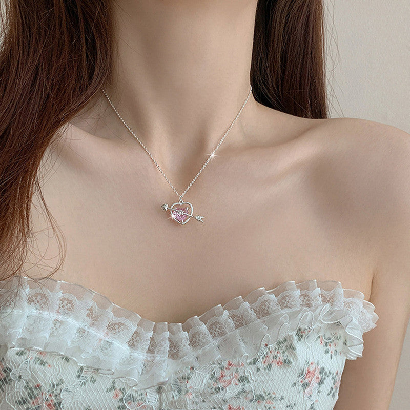 Jewels Galaxy Silver Plated American Diamond Studded Pink Heart Themed Pendant