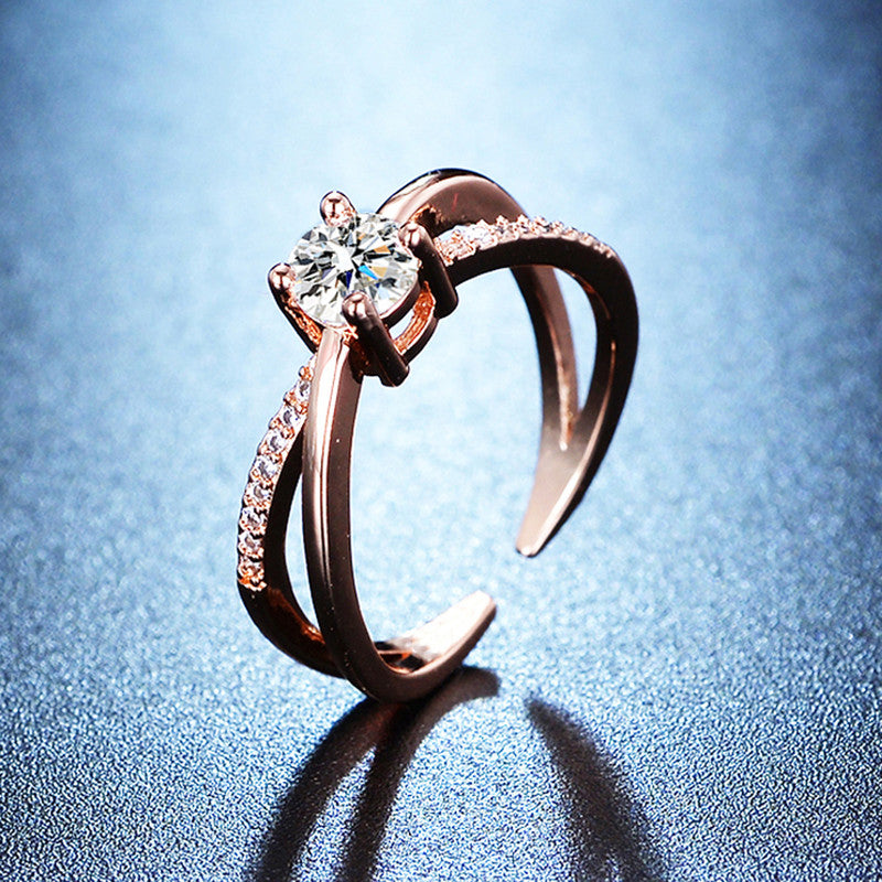 Jewels Galaxy Rose Gold Plated American Diamond Studded Cross Shape Adjustable Finger Ring
