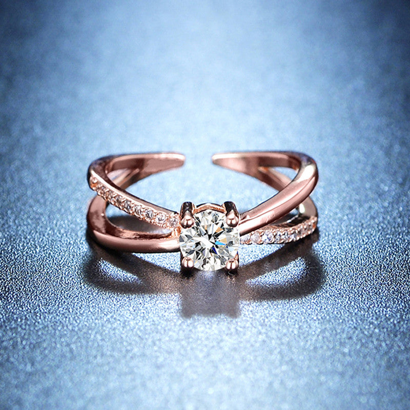 Jewels Galaxy Rose Gold Plated American Diamond Studded Cross Shape Adjustable Finger Ring