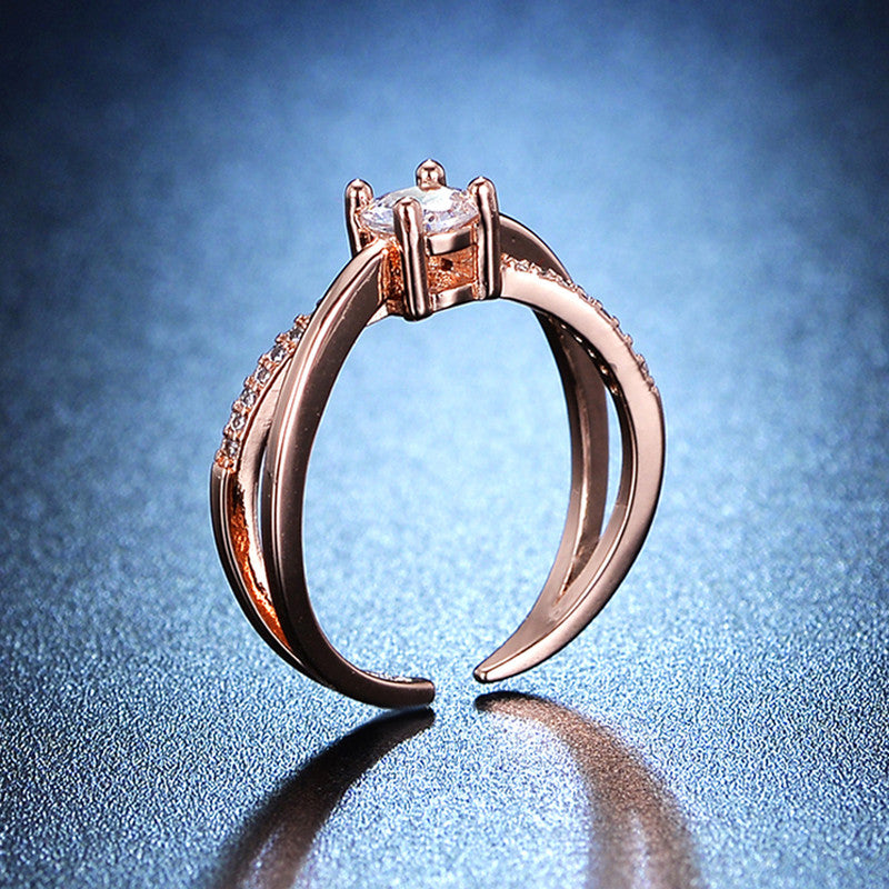 Jewels Galaxy Rose Gold Plated American Diamond Studded Cross Shape Adjustable Finger Ring