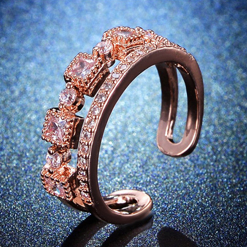 Jewels Galaxy Rose Gold Plated AD Studded Square Checkered Adjustable Finger Ring
