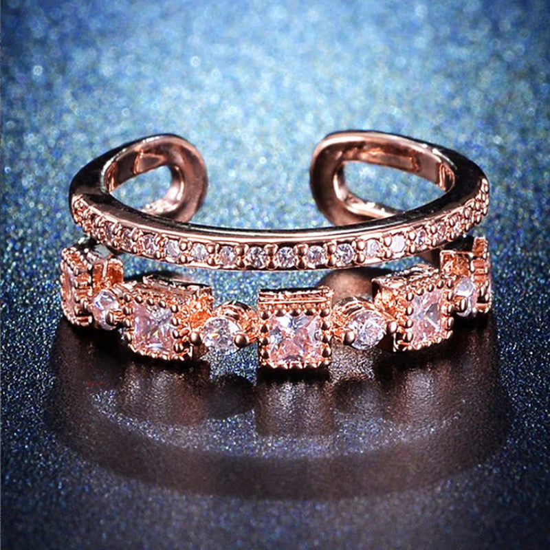 Jewels Galaxy Rose Gold Plated AD Studded Square Checkered Adjustable Finger Ring