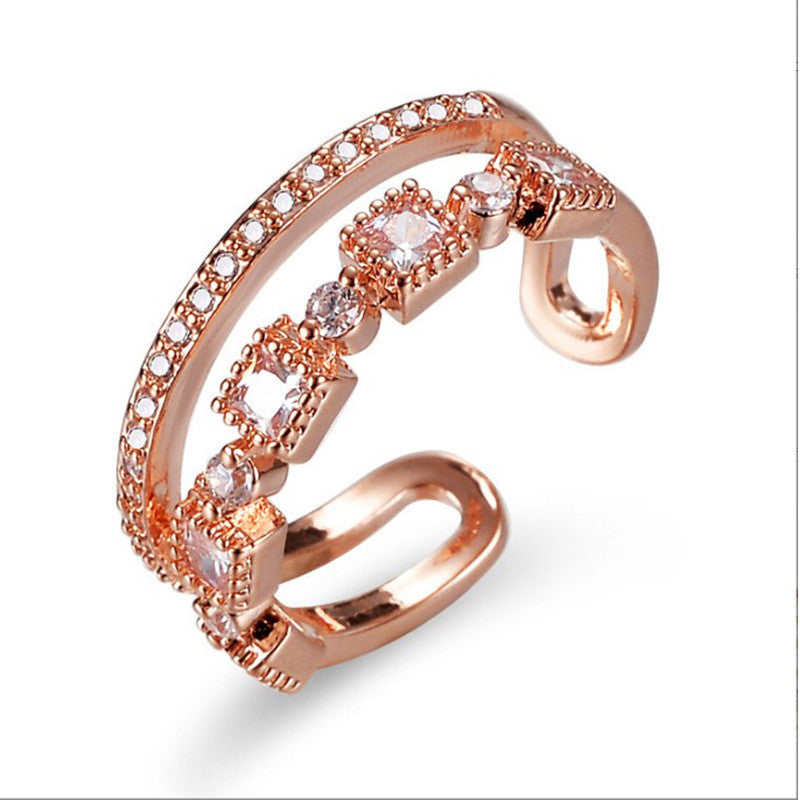 Jewels Galaxy Rose Gold Plated AD Studded Square Checkered Adjustable Finger Ring