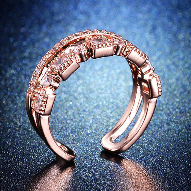 Jewels Galaxy Rose Gold Plated AD Studded Square Checkered Adjustable Finger Ring