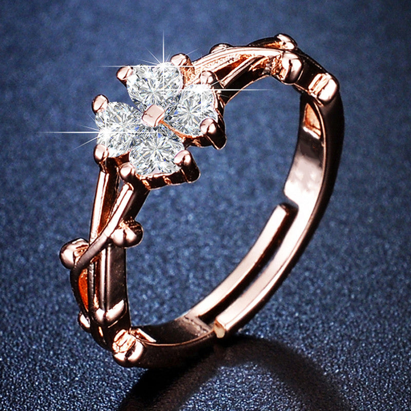 Jewels Galaxy Rose Gold Plated AD Studded Floral Contemporary Adjustable Finger Ring