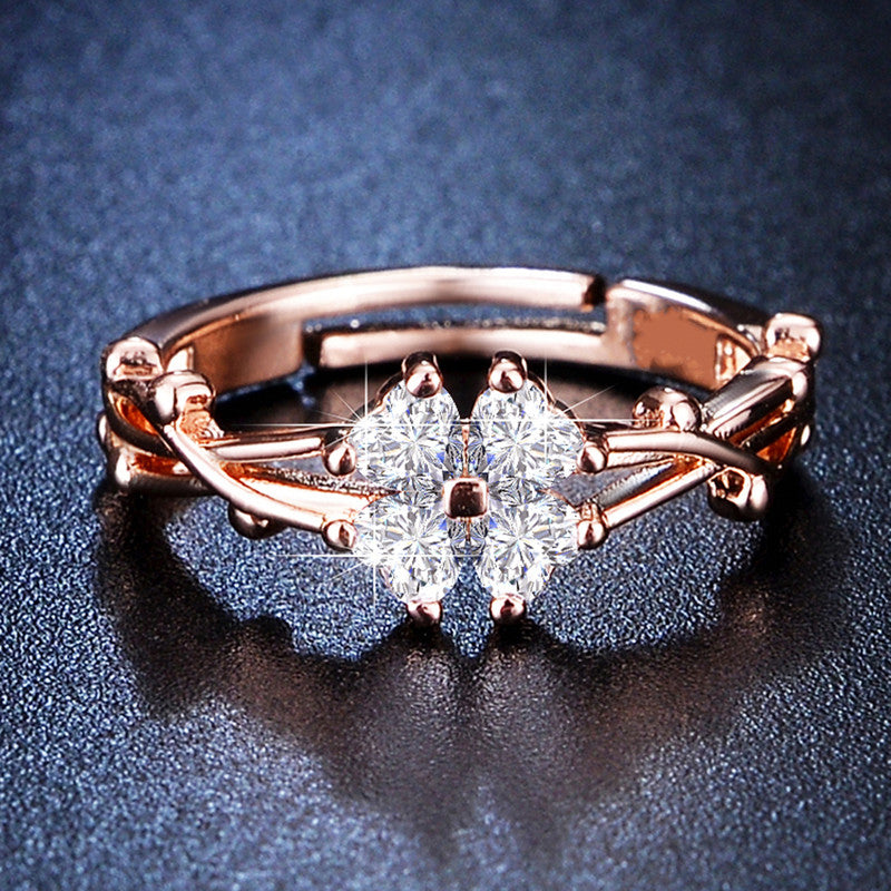 Jewels Galaxy Rose Gold Plated AD Studded Floral Contemporary Adjustable Finger Ring