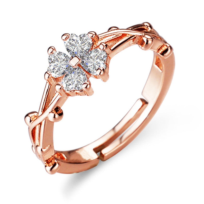 Jewels Galaxy Rose Gold Plated AD Studded Floral Contemporary Adjustable Finger Ring