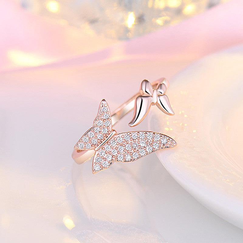 Jewels Galaxy Rose Gold Plated AD Studded Butterfly Shape Contemporary Finger Ring