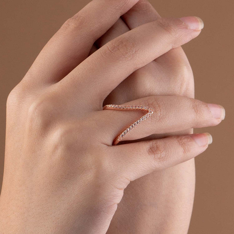 Jewels Galaxy Rose Gold-Plated V Shaped CZ Studded Adjustable Finger Ring