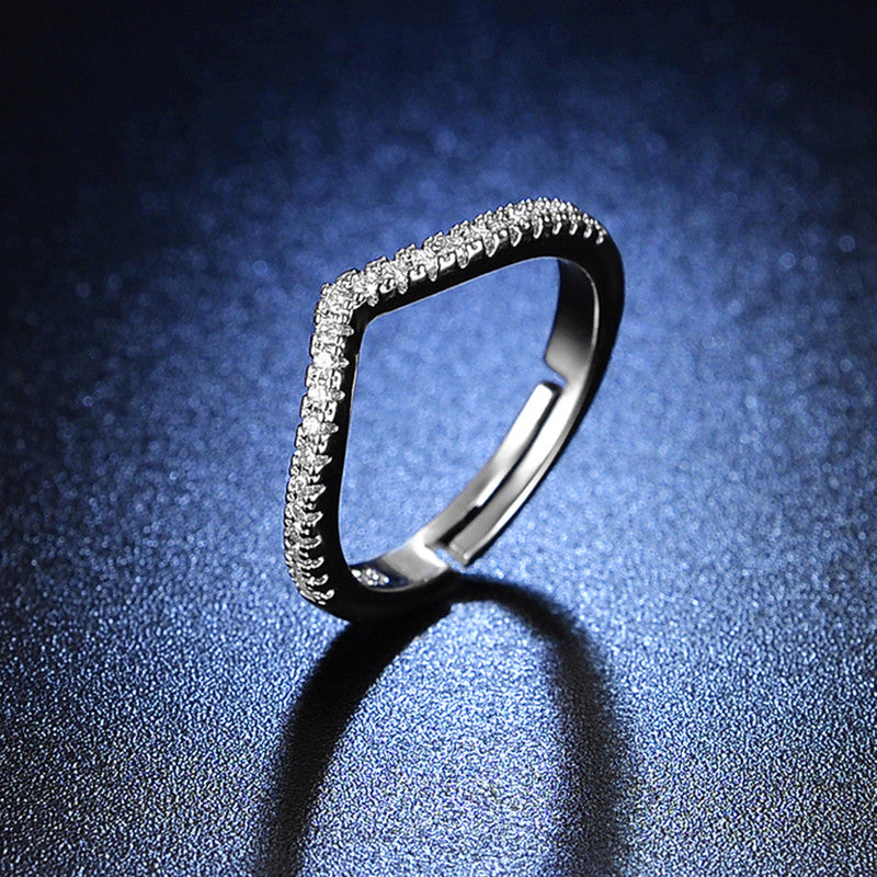 Jewels Galaxy Silver Plated AD Studded V Shape Anti Tarnish Adjustable Finger Ring