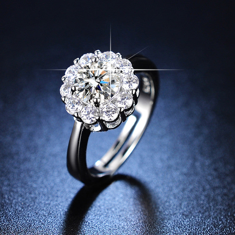 Jewels Galaxy Silver Plated AD Studded Floral Anti Tarnish Solitaire Adjustable Finger Ring