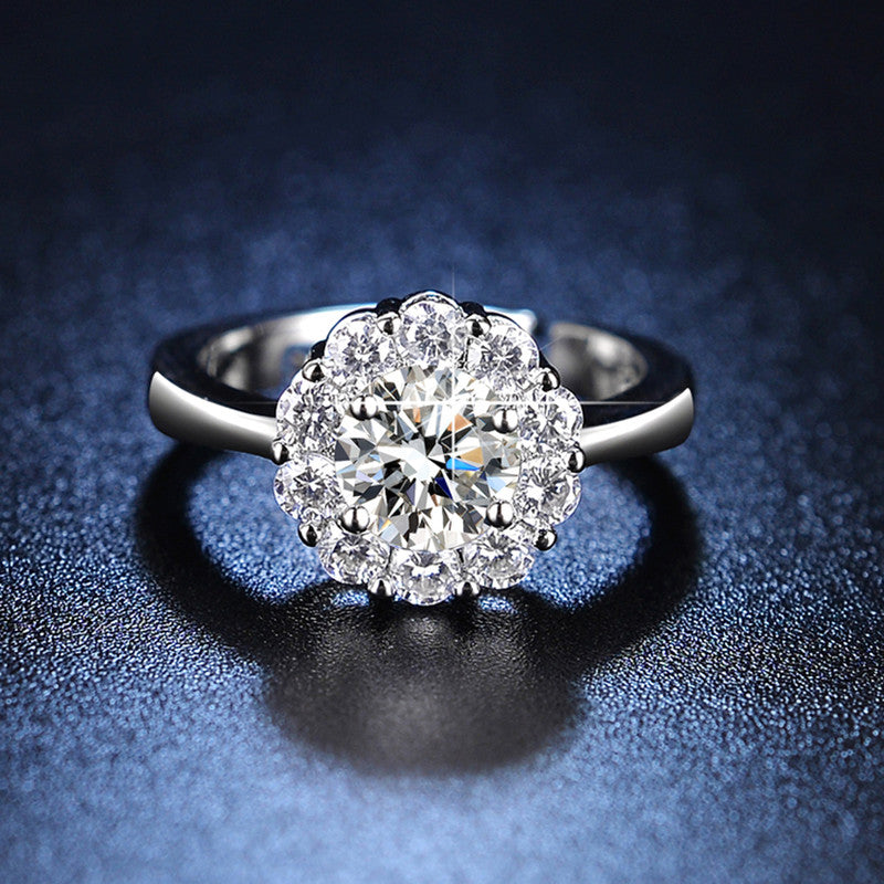 Jewels Galaxy Silver Plated AD Studded Floral Anti Tarnish Solitaire Adjustable Finger Ring