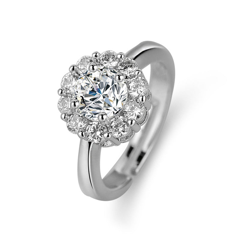 Jewels Galaxy Silver Plated AD Studded Floral Anti Tarnish Solitaire Adjustable Finger Ring