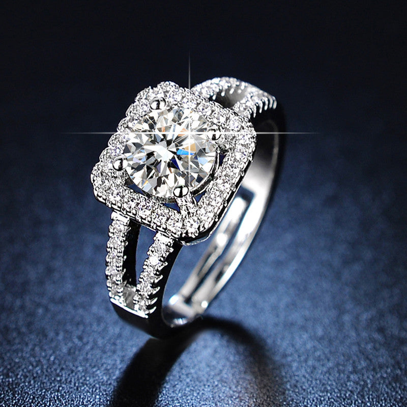 Jewels Galaxy Silver Plated AD Studded Geometrical Anti Tarnish Solitaire Adjustable Ring