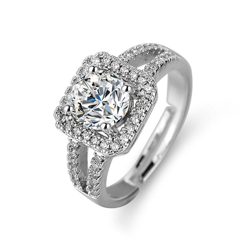 Jewels Galaxy Silver Plated AD Studded Geometrical Anti Tarnish Solitaire Adjustable Ring