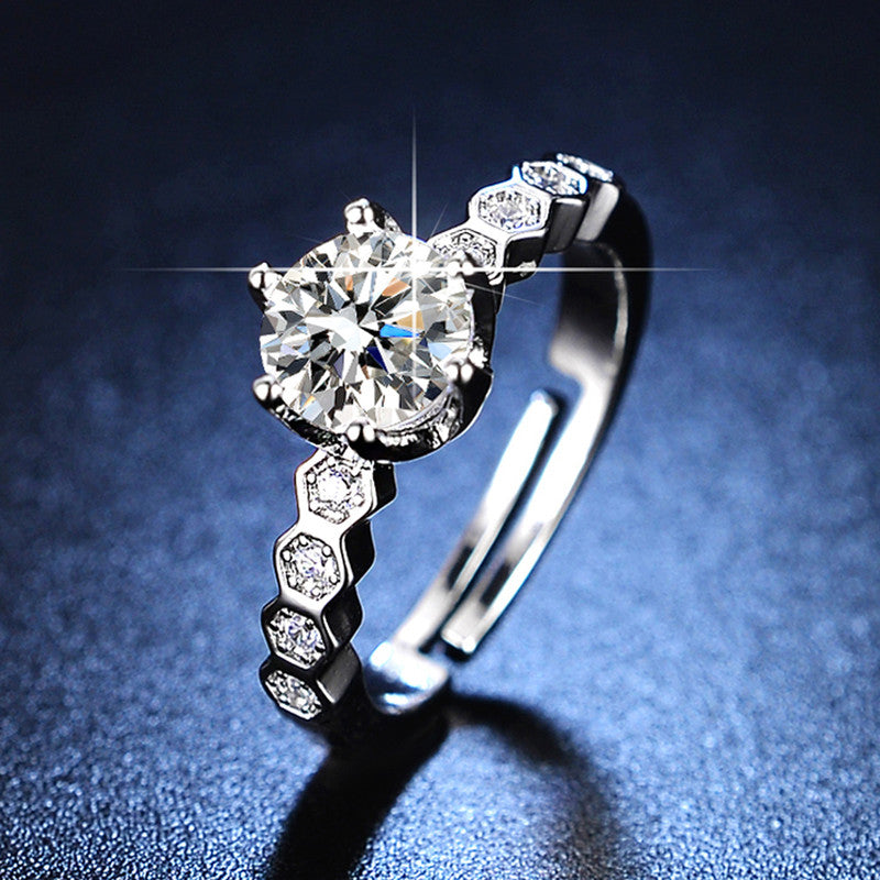 Jewels Galaxy Silver Plated AD Studded Hexagonal Anti Tarnish Solitaire Adjustable Finger Ring