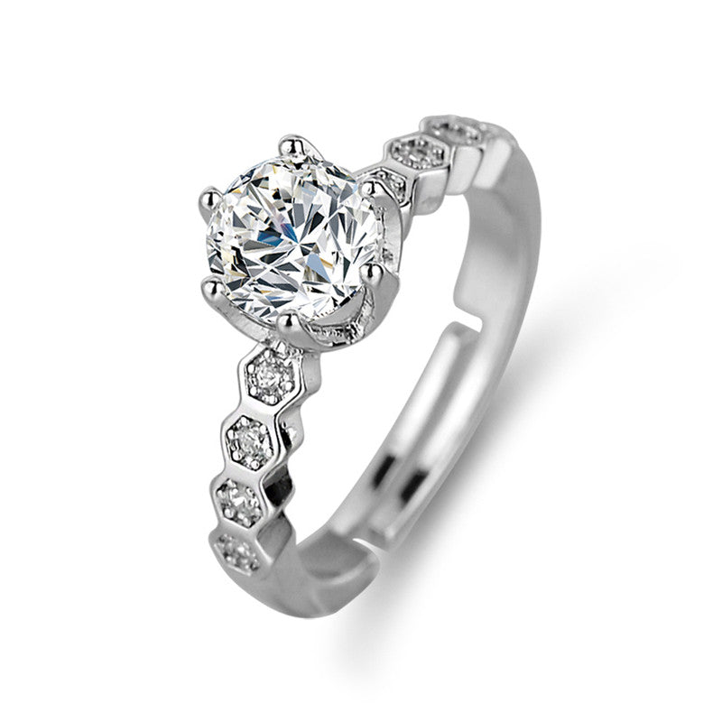 Jewels Galaxy Silver Plated AD Studded Hexagonal Anti Tarnish Solitaire Adjustable Finger Ring