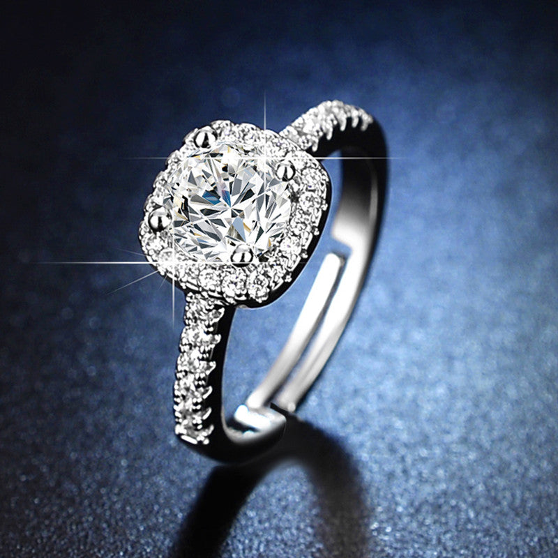 Jewels Galaxy Silver Plated AD Studded Square Shape Anti Tarnish Solitaire Adjustable Ring