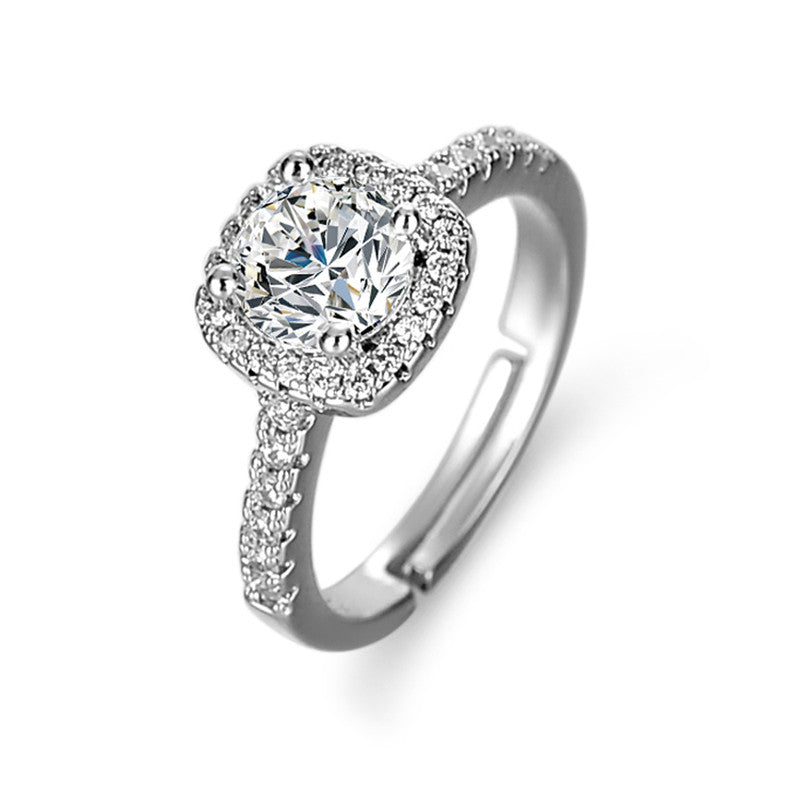 Jewels Galaxy Silver Plated AD Studded Square Shape Anti Tarnish Solitaire Adjustable Ring