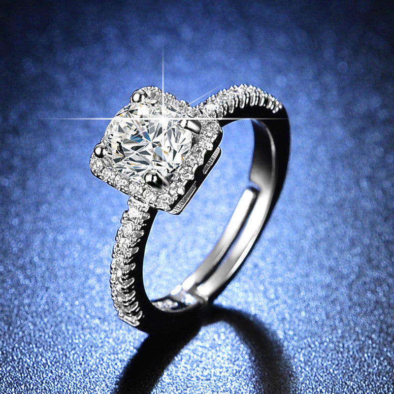 Jewels Galaxy Silver Plated Crystal Studded Anti Tarnish Square Shape Solitaire Adjustable Ring