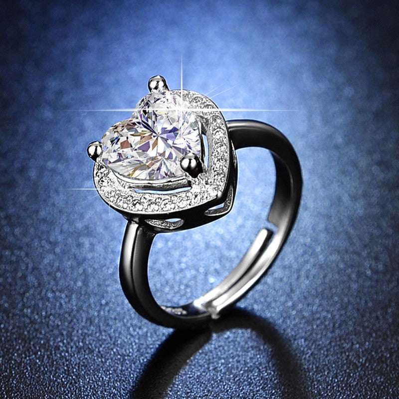 Jewels Galaxy Silver Plated Crystal Studded Heart Shape Anti Tarnish Adjustable Finger Ring