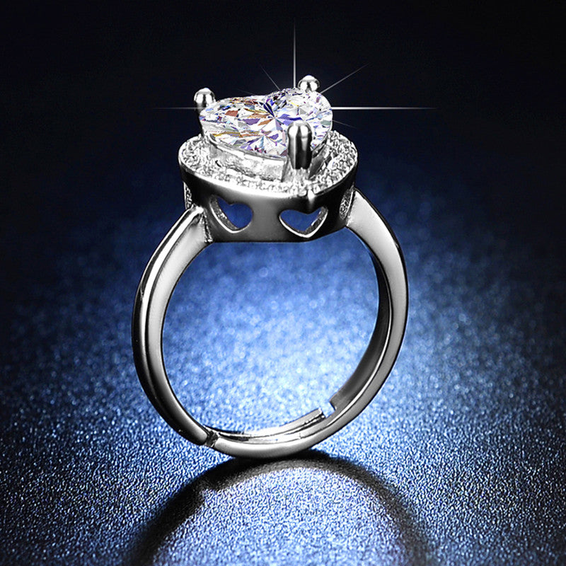 Jewels Galaxy Silver Plated Crystal Studded Heart Shape Anti Tarnish Adjustable Finger Ring