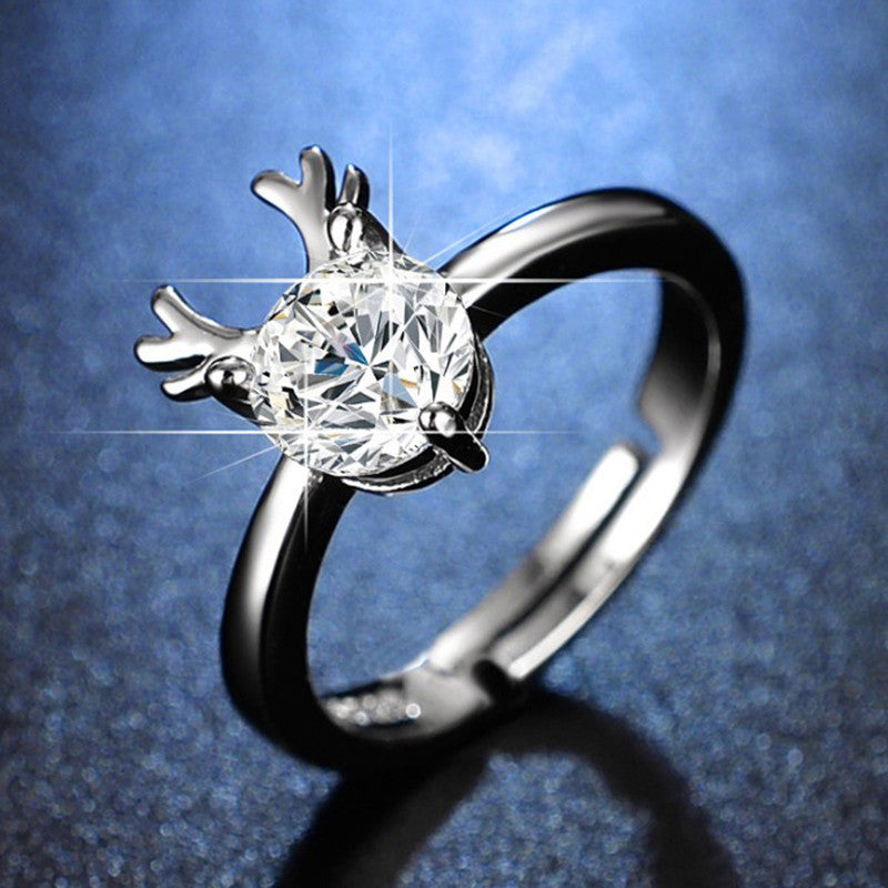 Jewels Galaxy Silver Plated Crystal Studded Deer Themed Anti Tarnish Adjustable Finger Ring