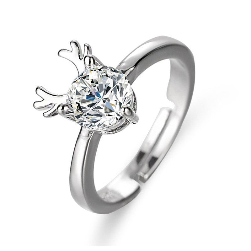 Jewels Galaxy Silver Plated Crystal Studded Deer Themed Anti Tarnish Adjustable Finger Ring