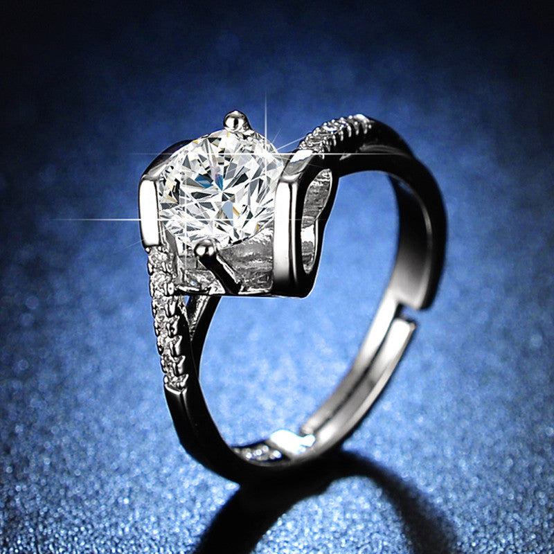 Jewels Galaxy Silver Plated Crystal Studded Heart Themed Anti Tarnish Solitaire Adjustable Ring