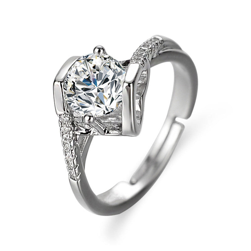 Jewels Galaxy Silver Plated Crystal Studded Heart Themed Anti Tarnish Solitaire Adjustable Ring