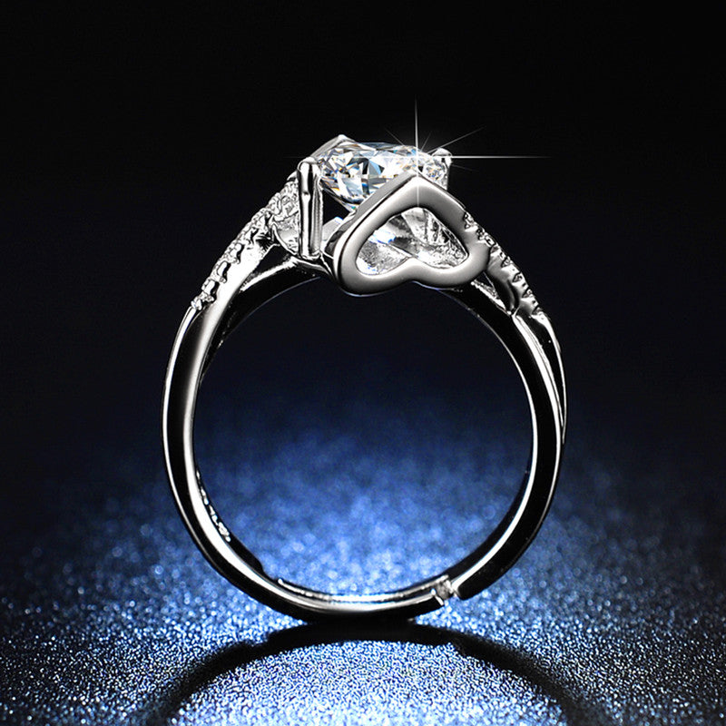Jewels Galaxy Silver Plated Crystal Studded Heart Themed Anti Tarnish Solitaire Adjustable Ring