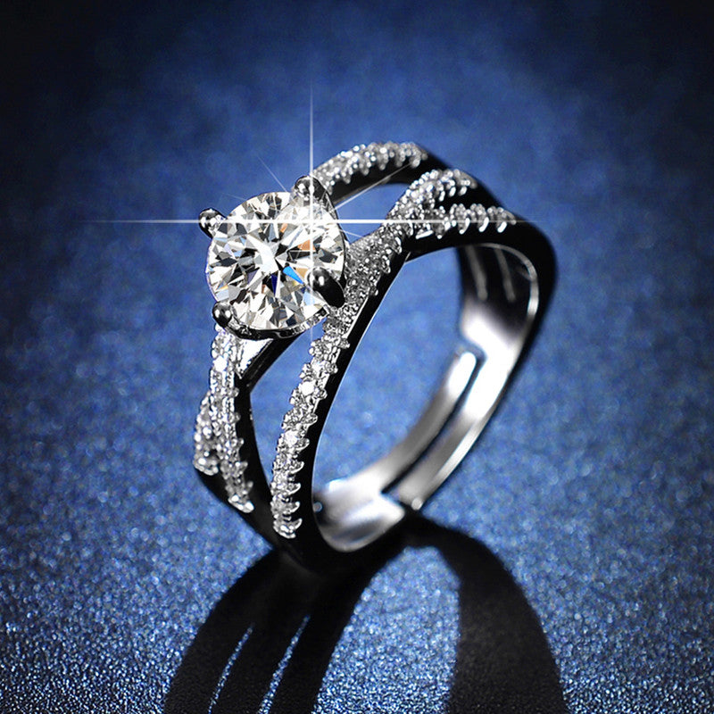 Jewels Galaxy Silver Plated AD Studded Anti Tarnish Cross Shape Solitaire Adjustable Ring
