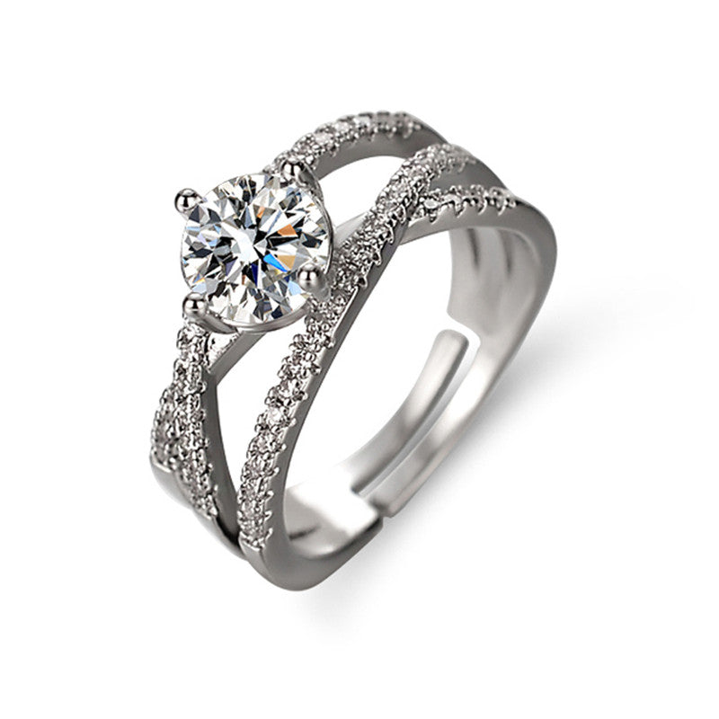 Jewels Galaxy Silver Plated AD Studded Anti Tarnish Cross Shape Solitaire Adjustable Ring