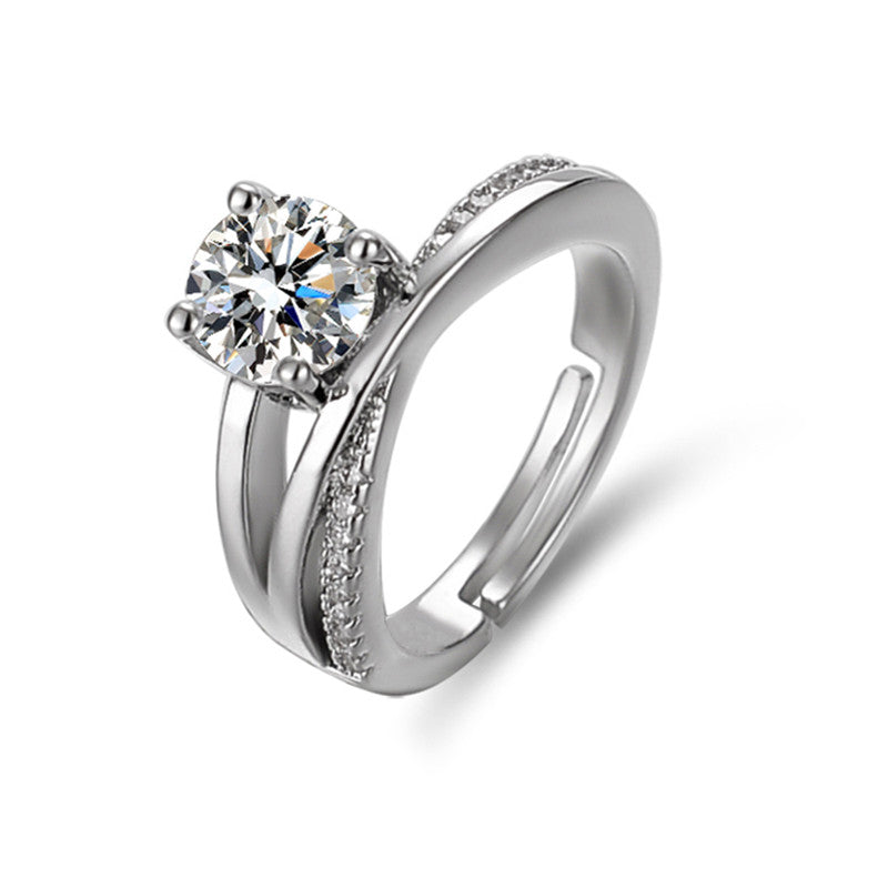 Jewels Galaxy Silver Plated AD Studded Cross Shape Anti Tarnish Solitaire Adjustable Ring