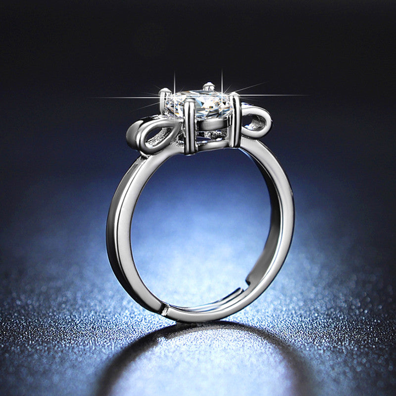 Jewels Galaxy Silver Plated Crystal Studded Bow Tie Anti Tarnish inspired Solitaire Adjustable Ring