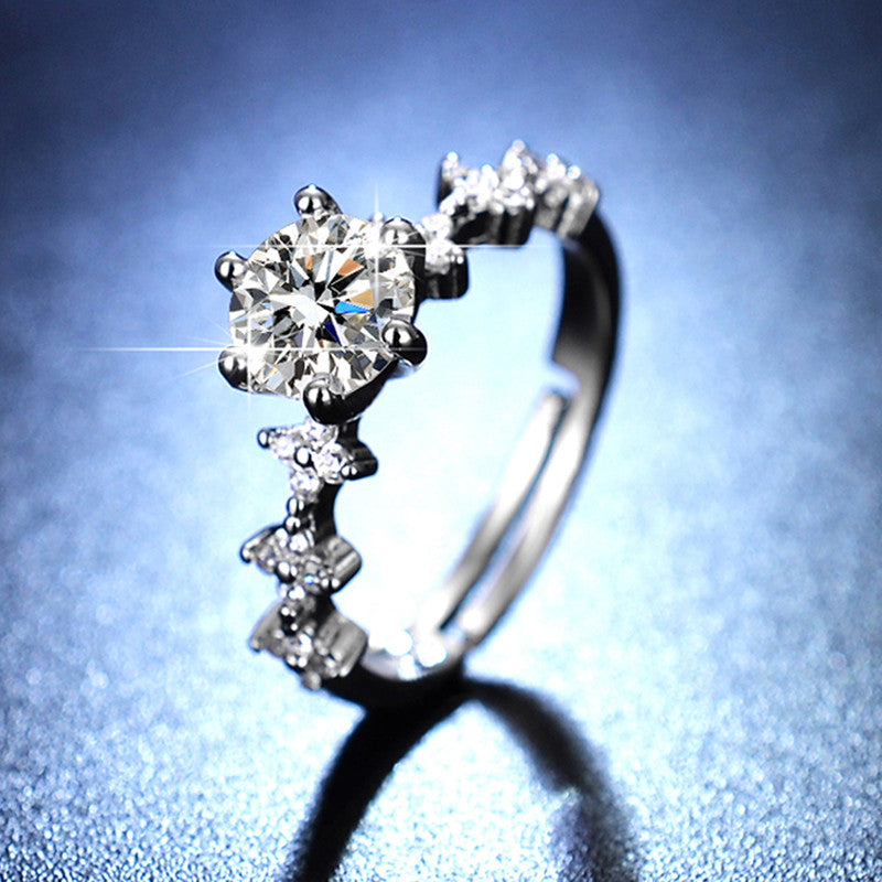 Jewels Galaxy Silver Plated AD Studded Floral Anti Tarnish Adjustable Solitaire Finger Ring