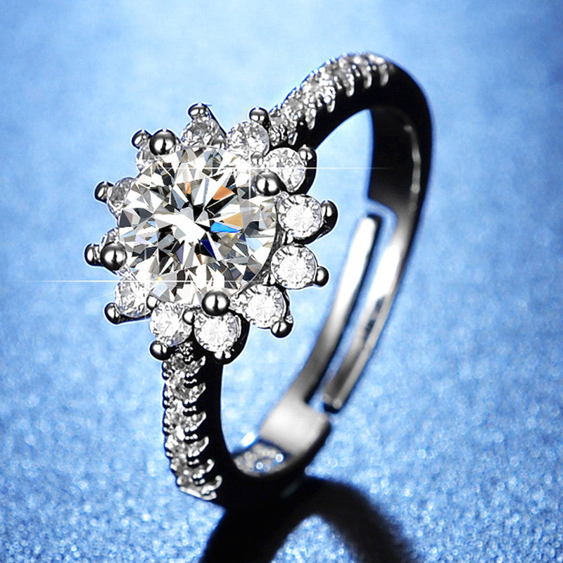 Jewels Galaxy Silver Plated AD Studded Floral Anti Tarnish Adjustable Solitaire Finger Ring