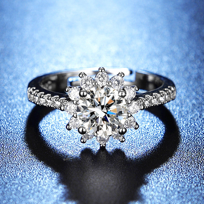 Jewels Galaxy Silver Plated AD Studded Floral Anti Tarnish Adjustable Solitaire Finger Ring