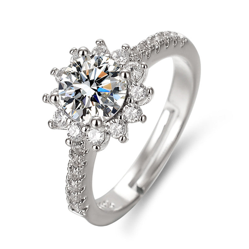 Jewels Galaxy Silver Plated AD Studded Floral Anti Tarnish Adjustable Solitaire Finger Ring