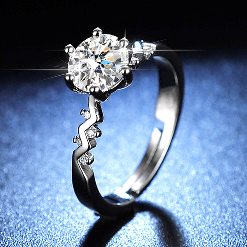 Jewels Galaxy Silver Plated Crystal Studded Unique Zig-Zag Anti Tarnish Adjustable Solitaire Ring