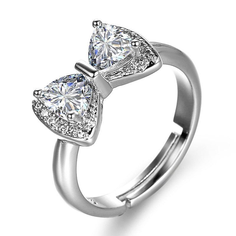 Jewels Galaxy Silver Plated Crystal Studded Bow Tie inspired Anti Tarnish Adjustable Ring