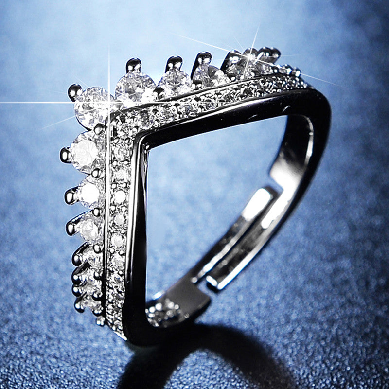 Jewels Galaxy Silver Plated AD Studded V Shape Anti Tarnish Adjustable Finger Ring