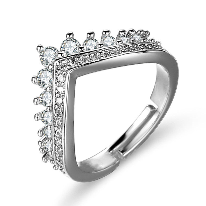 Jewels Galaxy Silver Plated AD Studded V Shape Anti Tarnish Adjustable Finger Ring