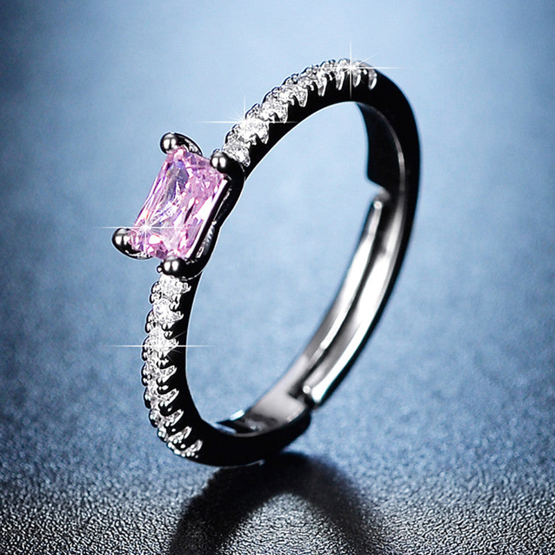 Jewels Galaxy Silver Plated AD Studded Rectangular Anti Tarnish Pink Stone Adjustable Ring