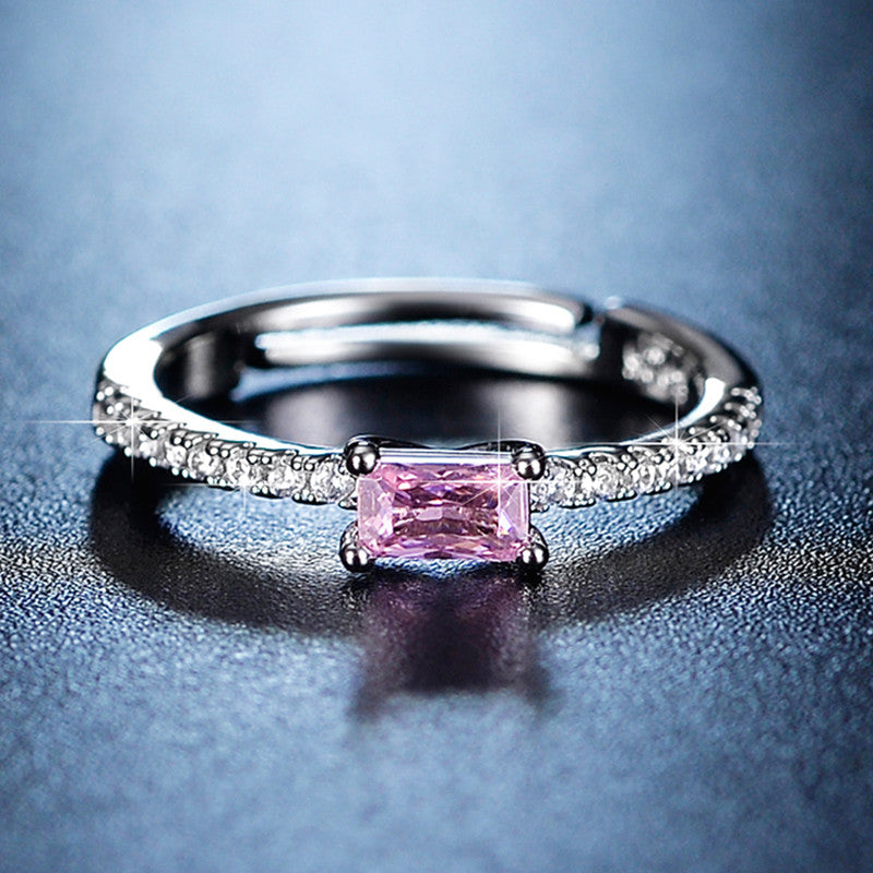 Jewels Galaxy Silver Plated AD Studded Rectangular Anti Tarnish Pink Stone Adjustable Ring