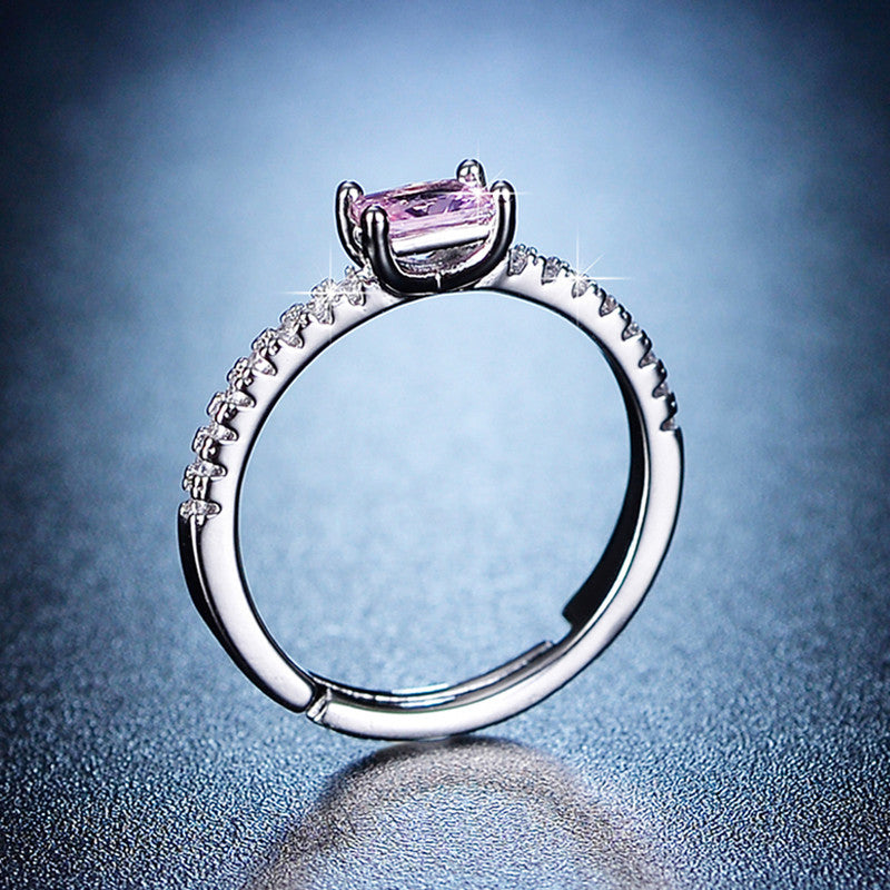 Jewels Galaxy Silver Plated AD Studded Rectangular Anti Tarnish Pink Stone Adjustable Ring