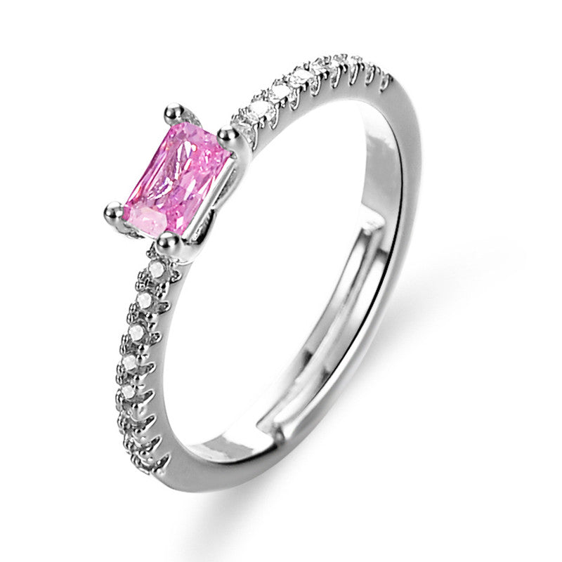 Jewels Galaxy Silver Plated AD Studded Rectangular Anti Tarnish Pink Stone Adjustable Ring