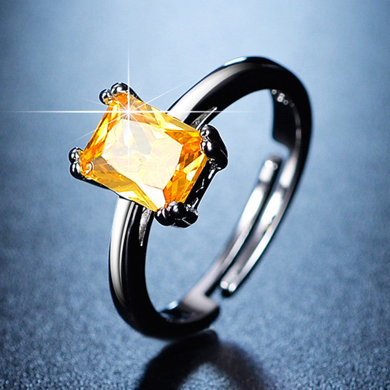 Jewels Galaxy Silver Plated Crystal Studded Rectangular Yellow Stone Anti Tarnish Adjustable Ring