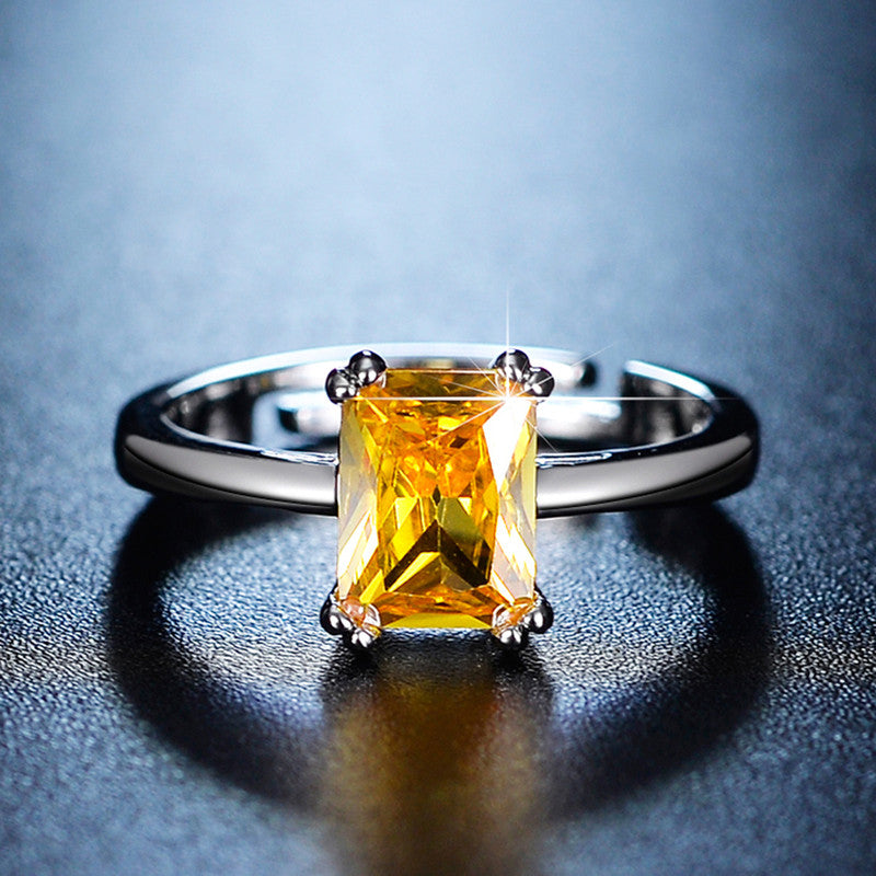 Jewels Galaxy Silver Plated Crystal Studded Rectangular Yellow Stone Anti Tarnish Adjustable Ring