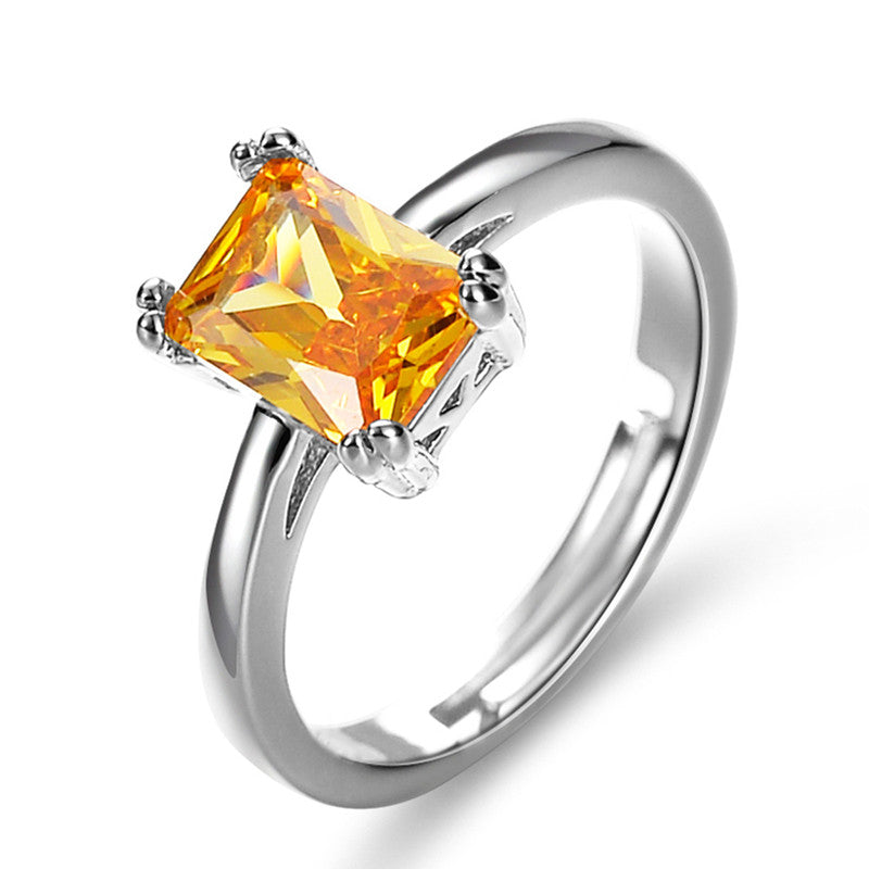 Jewels Galaxy Silver Plated Crystal Studded Rectangular Yellow Stone Anti Tarnish Adjustable Ring